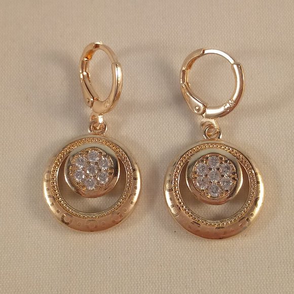 18K Yellow Gold Filled Circle Laser Carved Diamond Topaz Zircon Dangle Earrings - Picture 2 of 4